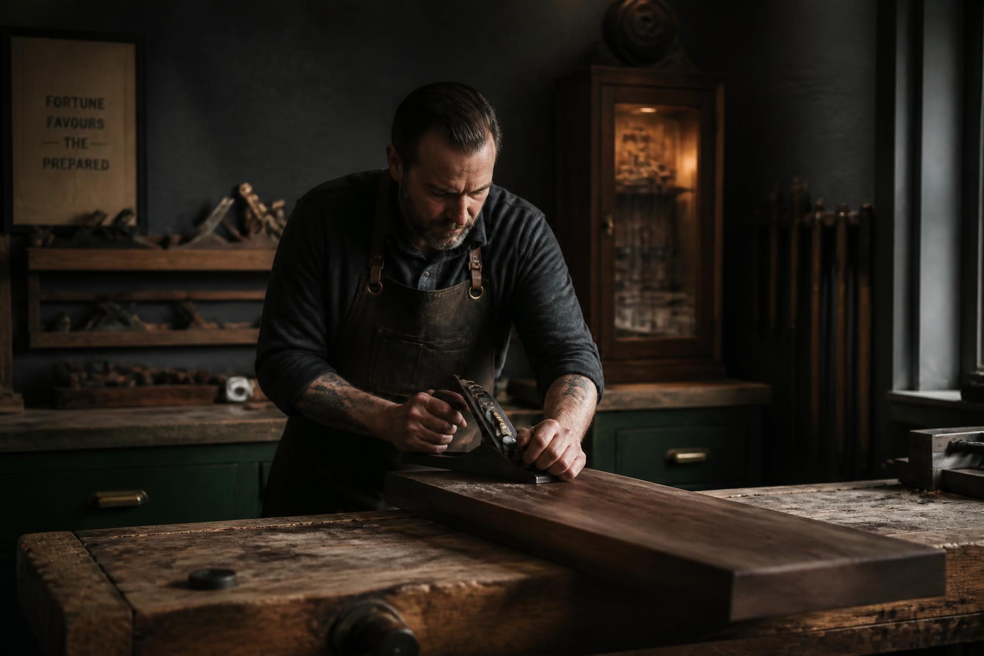 Craftsman hand-planing a walnut board in the 1789 Woodworks shop